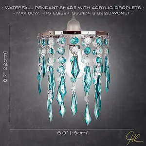 Modern Waterfall Design Pendant Shade with Clear/Teal Acrylic Drops and Beads