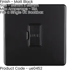 1 Gang 13A Unswitched Fuse Spur SCREWLESS MATT BLACK Rocker Mains Isolation