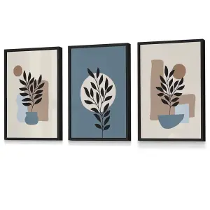 Set of 3 Graphical Boho Floral Teal and Beige Botanical Wall Art Prints / 30x42cm (A3) / Black Frame