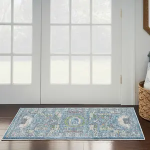 Ivory Light Blue Luxurious Traditional Persian Easy to Clean Bordered Floral Dining Room Bedroom And Living Rug-61cm X 122cm