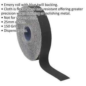 Blue Twill Emery Roll - 25mm x 50m - Flexible & Tear Resistant - 150 Grit