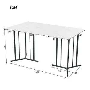 Metal Frame Rectangular Dining Table in Modern Marble Pattern Kitchen Table with Adjustable Feet, White/Black