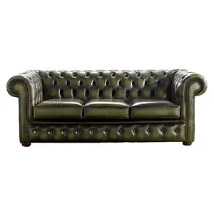 Chesterfield 3 Seater Antique Olive Leather Sofa Bespoke In Classic Style