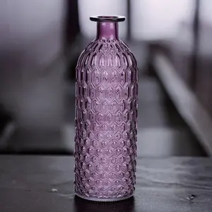 URBNLIVING 25cm Height Purple Glass Bottle Vase Honeycomb Design Flowers Holder Home Centerpiece