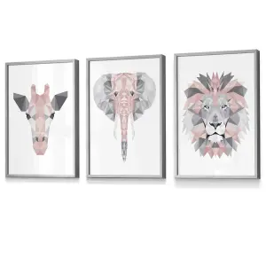 Set of 3 Geometric Pink Grey Jungle Animal Heads Wall Art Prints / 30x42cm (A3) / Light Grey Frame