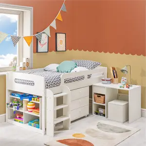 Cabin Single Mid Sleeper Bed Drawers Desk Bookshelf & Ladders with Pocket Sprung Mattress