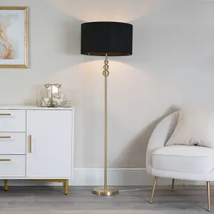 ValueLights Marissa Gold Stacked Ball Floor Lamp with Black Drum Shade - LED Bulb Included