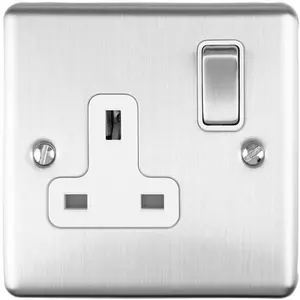 5 PACK 1 Gang Single UK Plug Socket SATIN STEEL 13A Switched White Trim Plate