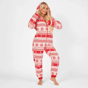 OHS Nordic Onesie Christmas Hooded Loungewear Soft Pyjamas, Red - Small