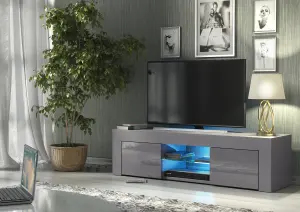 Loom TV Unit 130cm Dark Grey with High Gloss Doors and LED Lighting - Creative Furniture