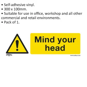 MIND YOUR HEAD Health & Safety Sign - Self Adhesive Vinyl Warning 300 x 100mm