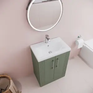 Retro 2 Door Floor Standing Vanity Unit with Mid-Edge 1 Tap Hole Ceramic Basin - 600mm - Satin Green - Balterley