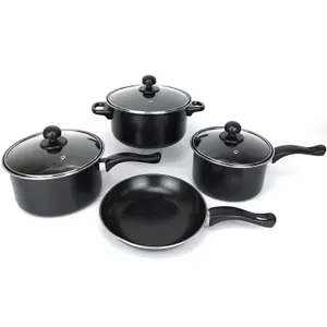 Black 7 Piece Non Stick Cookware Set Cooking Pot Frying Pan Saucepan With Lids