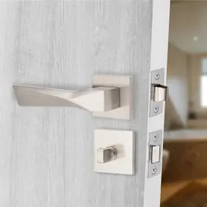 1 Pair Modern Aura Design Satin Nickel Premium Bathroom Door Handles Square Rose Dead Bolt Ball Latch Hinges Thumbturn