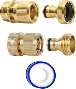 2 Pairs Garden Hose Quick Connect Set 3/4 Inch Solid Brass Hose Fitting w/ PTFE Tape Male,Female Adapters for Outdoor Tap and More