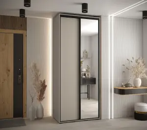 Dakota III Sleek Cashmere Sliding Door Wardrobe 1000mm H2350mm D600mm - Two Doors One Mirrored, Two Hanging Rails, and Six Shelves