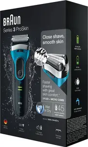 Braun BRA3040S Series 3 Proskin Wet And Dry Electric Foil Shaver - Black And Blue | Robert Dyas