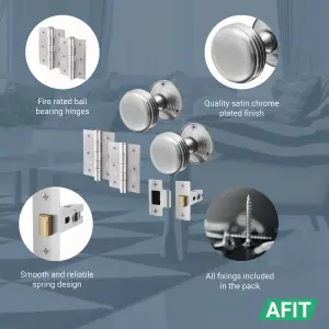 AFIT Lined Door Knob Set Satin Chrome - 2 Pairs of Mortice Knobs (55mm), Latch (76mm) & Hinges (76mm) for Internal Doors