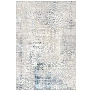 Silver Blue Distressed Abstract Geometric Area Rug 200x290cm