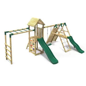 Rebo Wooden Climbing Frame with Swings, 2 Slides, Up & over Climbing wall and Monkey Bars - Brecon