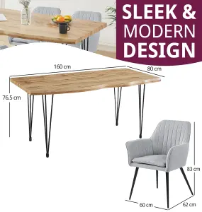 Hallowood Furniture Cullompton Large Dining Table 160cm, Live Edge Effect Table Top, with 4 Steel Grey Fabric Arm Chairs