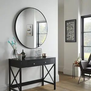 Round Mirror Bexley Wall Mounted with Black Metal Frame 3cm Frame Depth -100cm Diameter for Hanging in Living Room or Dining Room