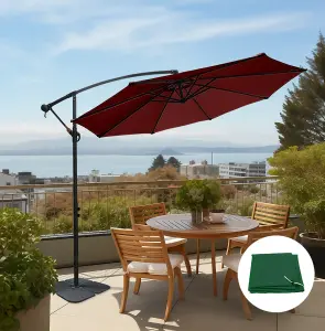 SunDaze 3M Wine Red Garden Patio Cantilever Banana Hanging Umbrella, Parasol Base & Weather Protective Cover