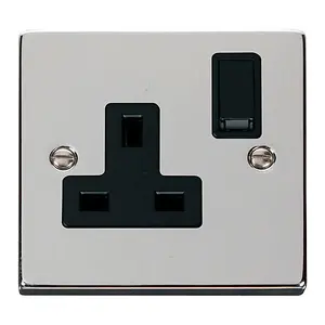 Polished Chrome 1 Gang 13A DP Switched Plug Socket - Black Trim - SE Home