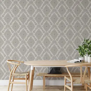 Wallquest Villa Rosa Damask Silver Wallpaper Floral Classic Acrylic Coated