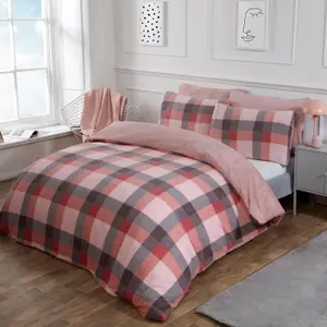 Dreamscene Check Teddy Duvet Cover Pillowcase Bedding Set, Blush - Double