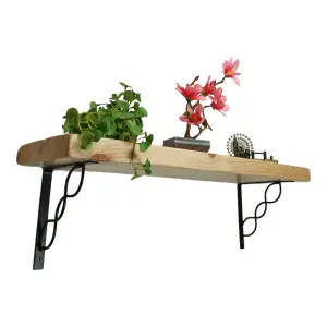 Solid Wood Handmade Rustical Shelf Primed 225mm 9 inch with Black Metal Bracket WPRP Length of 90cm