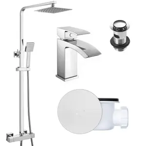 Square Chrome Thermostatic Overhead Shower Kit with Lucia Basin Mixer Tap Set & Shower Waste