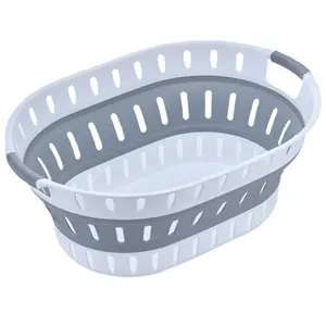 Grey & White Plastic Laundry Basket Oval Shape Foldable Laundry Hamper - 36L