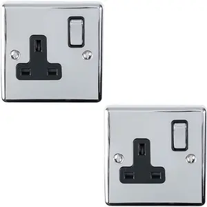 2 PACK 1 Gang Single UK Plug Socket POLISHED CHROME 13A Switched Black Trim