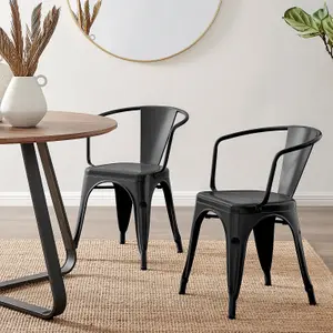 Furniturebox Set of 2 Black Colton Tolix Style Stackable Industrial Metal Dining Chair with Arms