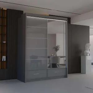 Sliding Wardrobes 4U Bradford Modern High Gloss Sliding Door Wardrobe in 3 Colors & Sizes - (Grey - W1500mm, H2200mm)