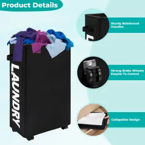 Black Polyester Laundry Hamper Collapsible Medium Laundry Basket with Wheels - 38L