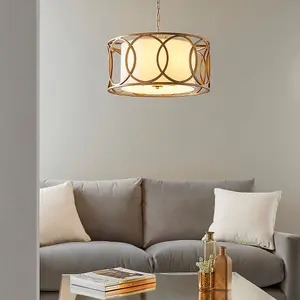 Brushed Gold Multi Arm Ceiling Pendant Light - White Fabric Shade - Dimmable