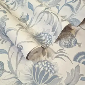 Holden Cecelia Floral Jacobean Style Metallic Vinyl Textured Blue Dove Wallpaper