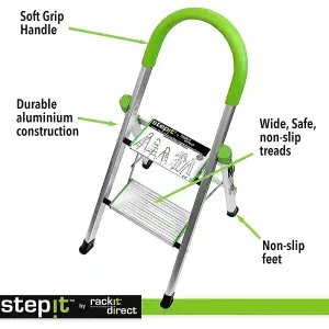 StepIt 2 Step Ladder - Portable Folding Aluminium with Deep Steps, Soft Grip, Rubber Hand Grip, 150kg Capacity, 2 Year Warranty