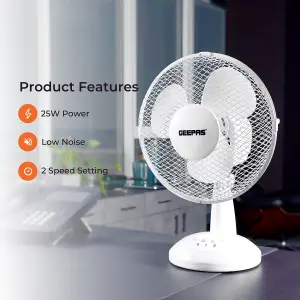 Geepas 9inch Table Fan - 25W Electric Portable Desktop Cooling Fan for Desk Home or Office Use 2 Speed Settings