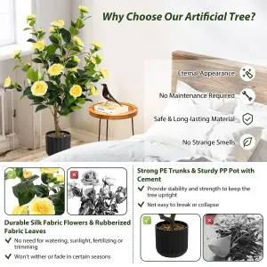 Costway Artificial Camellia Tree Faux Flower Plant Pot Artificial Tree 24 Yellow Flowers