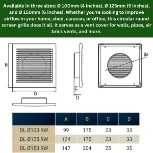 Square White Ventilation Grille with Flyscreen -Round 125mm or 5 inch Spigot - Vent Cover for Bathroom/ Kitchen - Louvered Grill