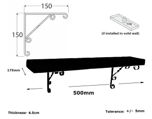 Wooden Rustic Shelf with Bracket WO Black 170mm 7 inches Burnt Length of 50cm