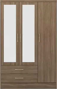 Nevada Rustic Oak Effect 3 Door 2 Drawer Mirrored Wardrobe Metal Runners