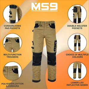 MS9 Mens Hi Viz Cargo Combat Holster Pockets Tactical Working Work Trouser Trousers Pants Jeans E1, Khaki - 32W/34L