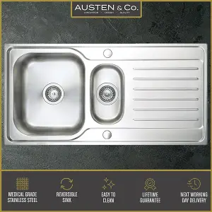 Austen & Co. Napoli Stainless Steel Inset Reversible 1.5 Bowl Kitchen Sink With Drainer. Lifetime Guarantee, Fast Delivery