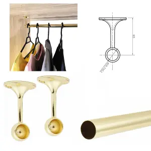 Suspended Round Wardrobe Rail Hanging Tube Pipe 300mm Polished Gold Set with End Brackets