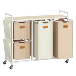 VASAGLE Laundry Hamper with 4 Compartments, 150 L Laundry Sorter, Rolling Laundry Cart with Shelves, Camel Brown and Cream White