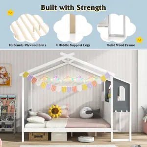 COSTWAY Double Size Wooden Kids House Bed Frame with Desk